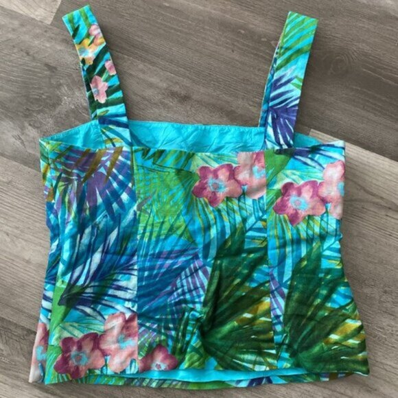 Maggy London Petites Linen Floral Camisole Womens 4 Green Blue Palm Print - Picture 2 of 6